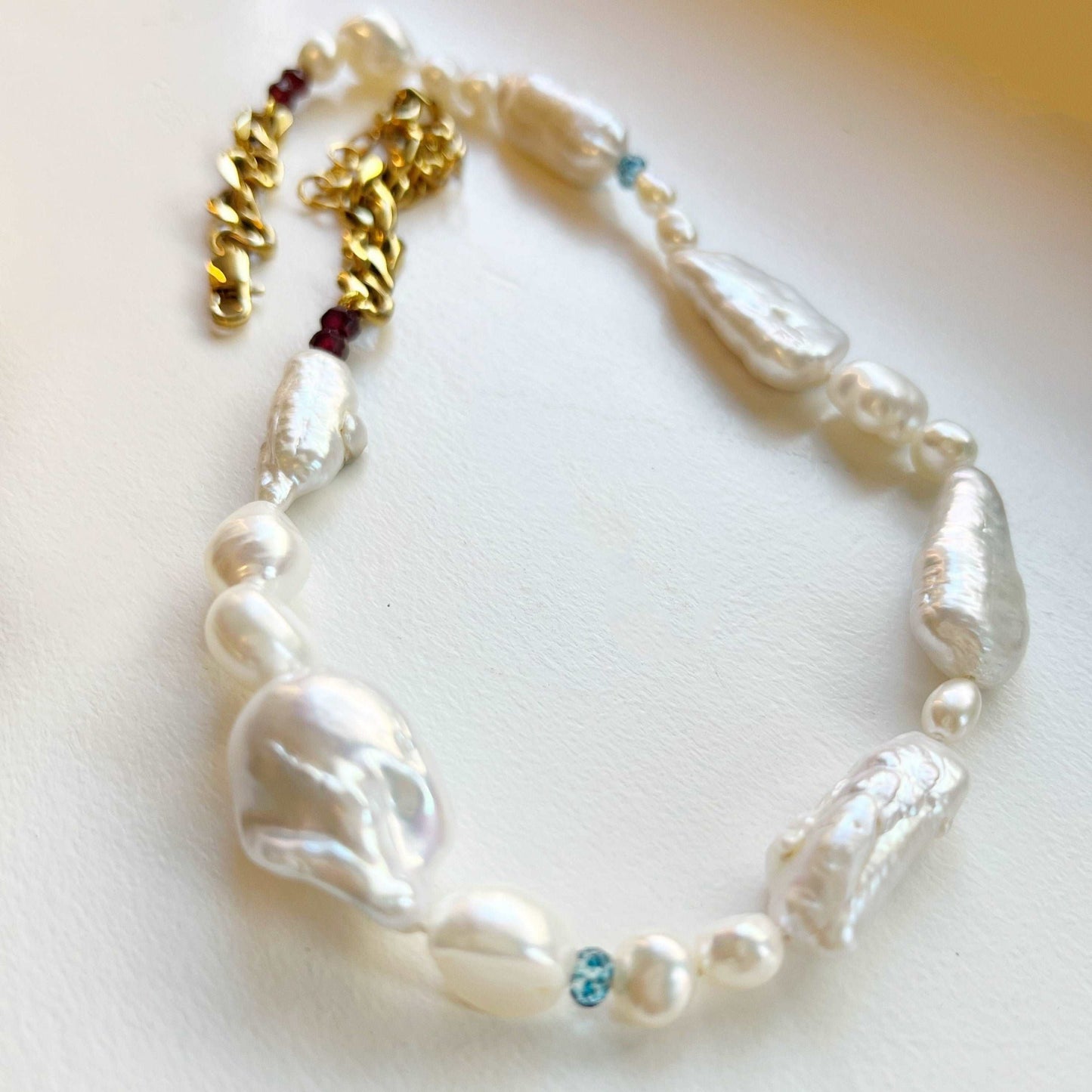 Ona Chan Jewelry Caroline mix pearl necklace with semi precious aquamarine and garnet gem beads