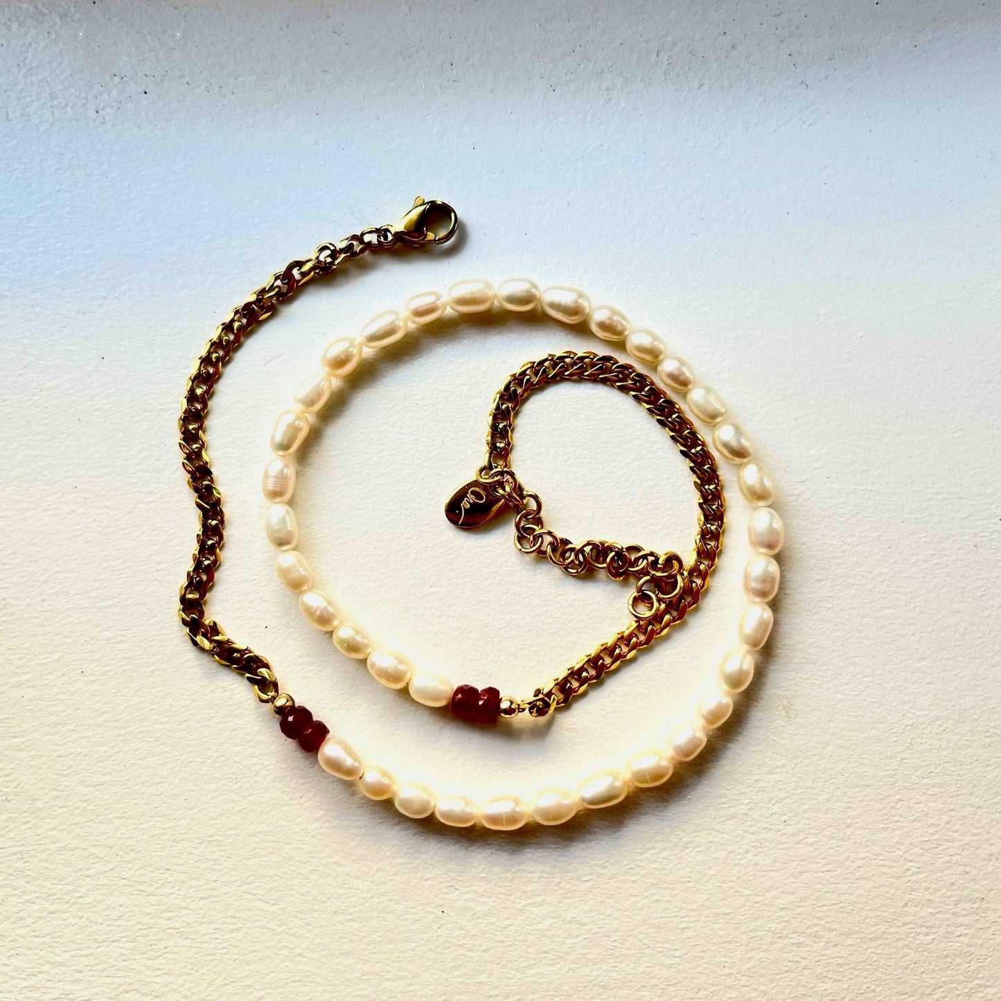 Ona Chan Jewelry Concha Mini - Seed pearls with semi precious gem beads and chains.