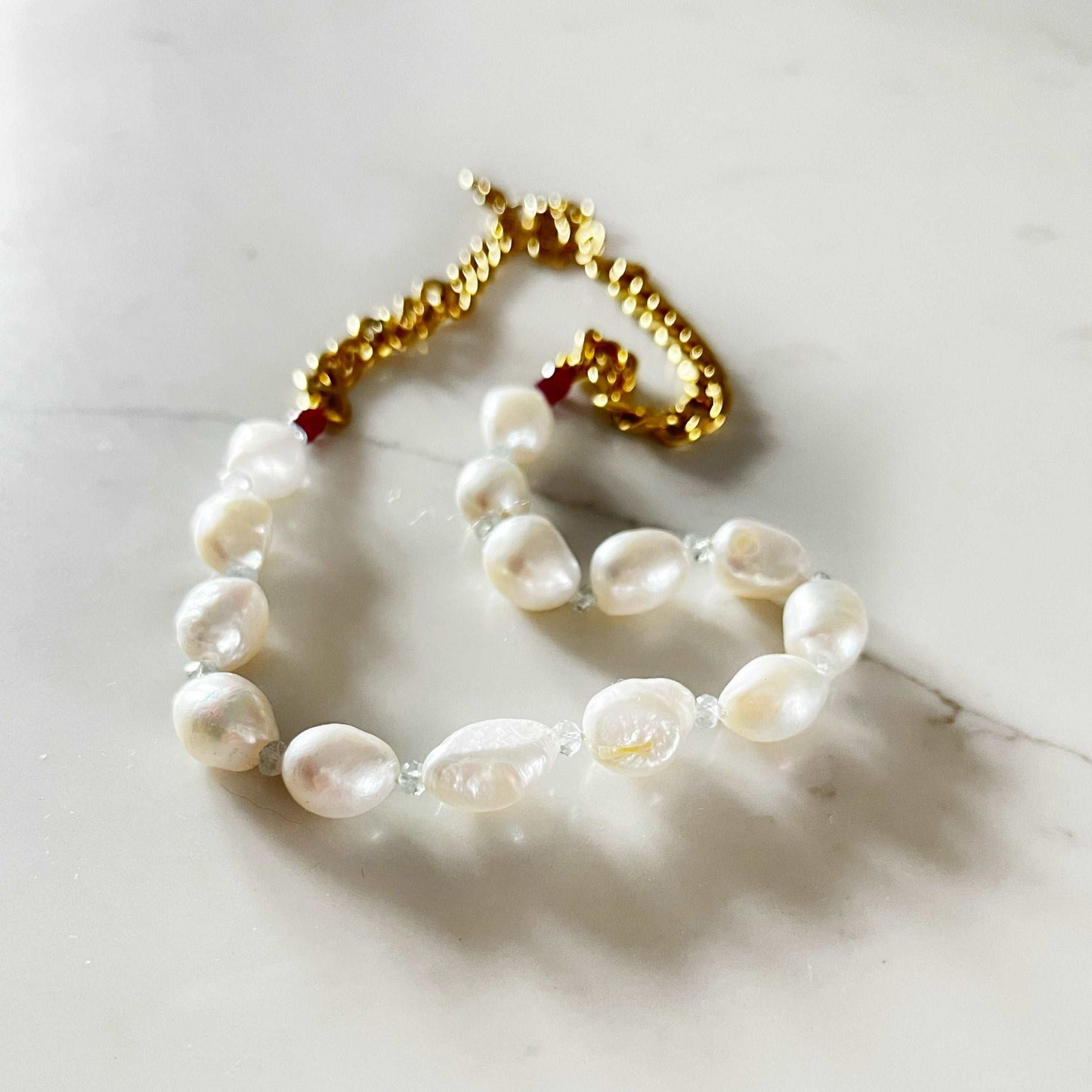 Ona Chan Jewelry Flora white baroque pearl necklace with aquamarine and garnet beads