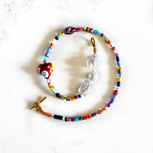 Ona Chan Jewelry Giulia necklace with Vintage Millefiori Heart, Trade Beads and Baroque Freshwater Pearls