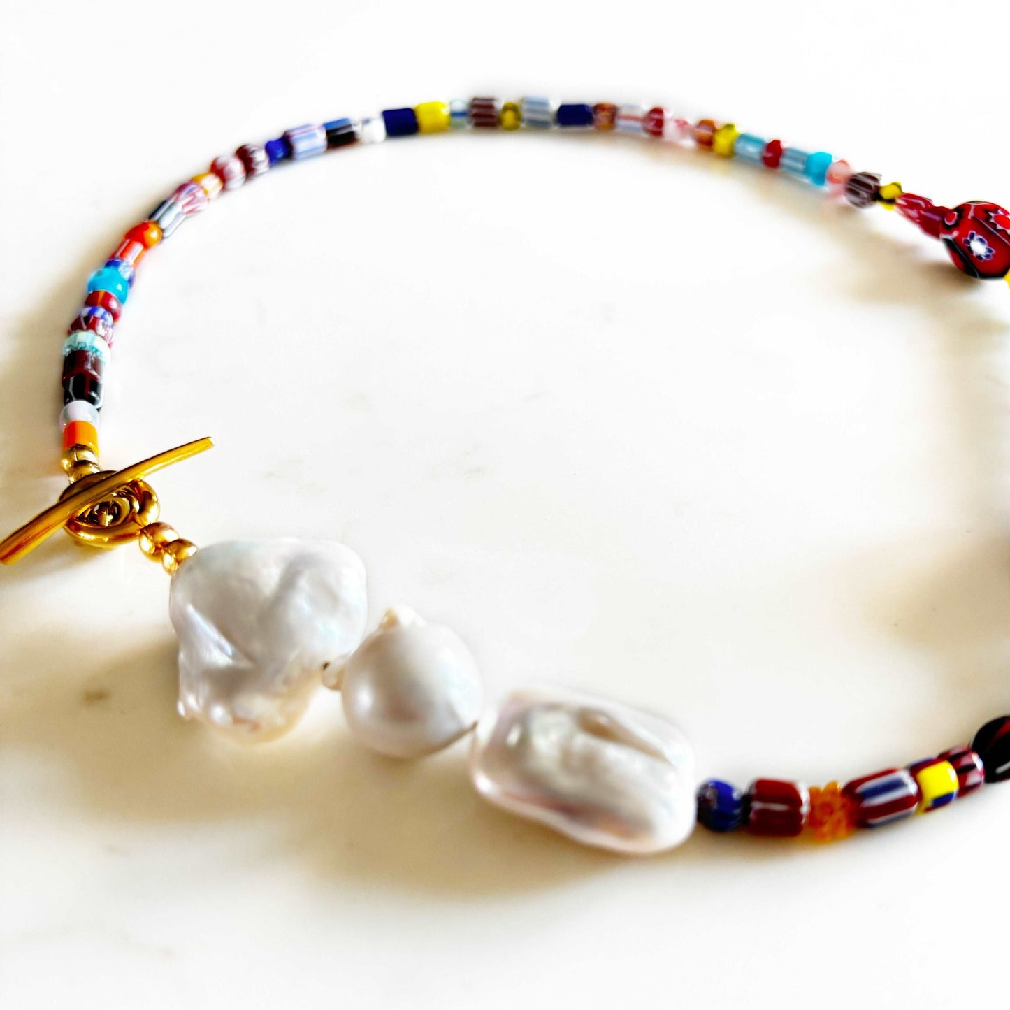 Ona Chan Jewelry Giulia necklace with Vintage Millefiori Heart, Trade Beads and Baroque Freshwater Pearls