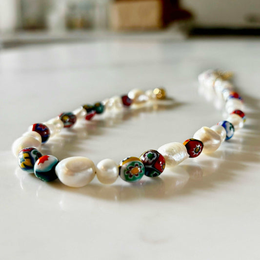 Ona Chan Jewelry Ilaria Necklace - Made with AAA baroque freshwater pearls and vintage Murano Millefiori beads