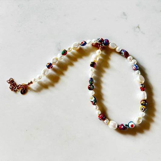 Ona Chan Ilaria Necklace - Made with AAA baroque freshwater pearls and vintage Murano Millefiori beads