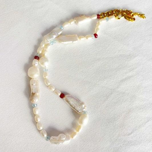 Ona Chan Jewelry Karina Mix Pearl necklace with Semi precious aquamarine and garnet beads