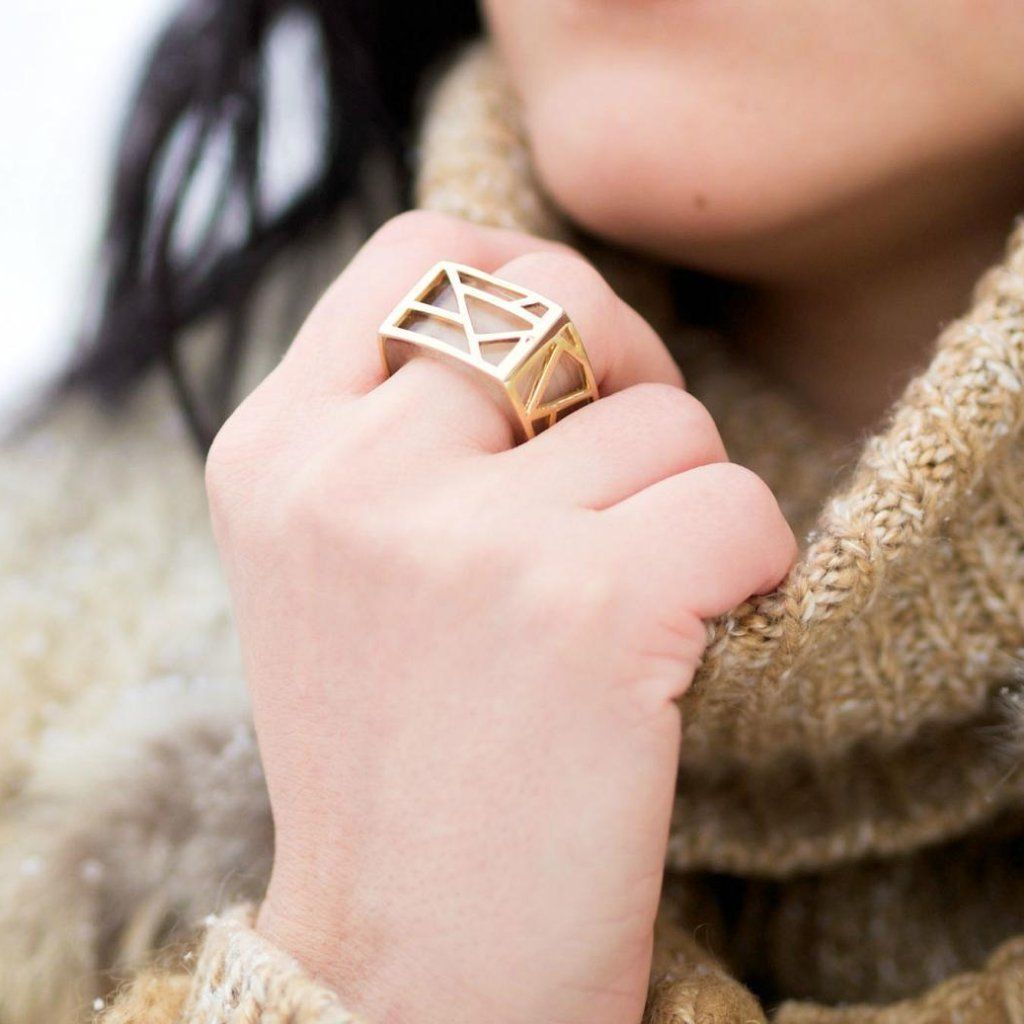 Blogger Veronica of Bittersweet Colours Ring wearing beige sweater wearing Ona Chan Jewelry Lattice ring-square-cocktail-ring-in rutilated gold