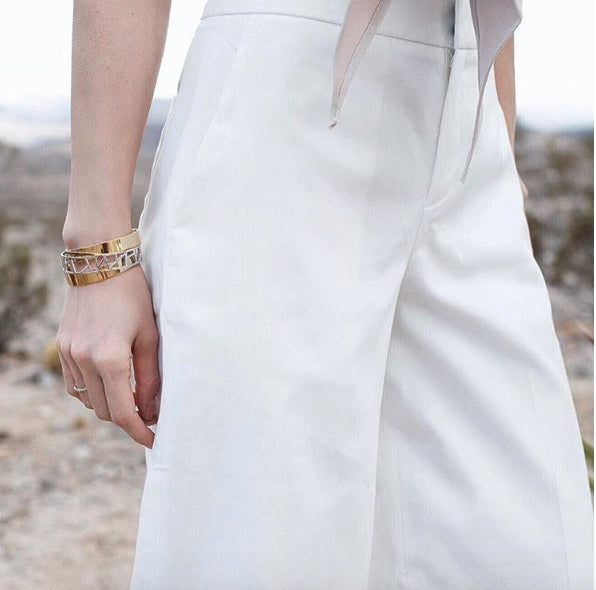 Thoughtful Misfit Tienlyn wearing white wearing Lattice Small Cuff - rhodium plate
