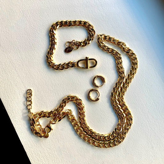 Cuban Chain Link set ; Necklace, bracelet and steel hoops in window