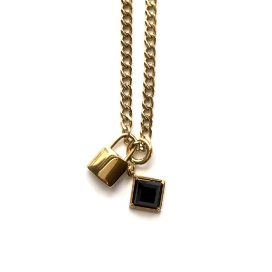 Necklace - Cuban Mini Lock With Black Agate | Cuban Chain Link