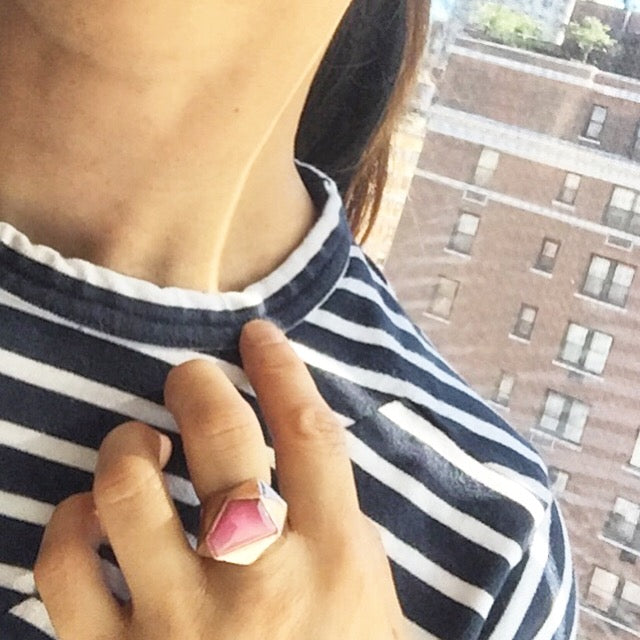 Pink Lattice Cocktail ring against Blue and White striped T