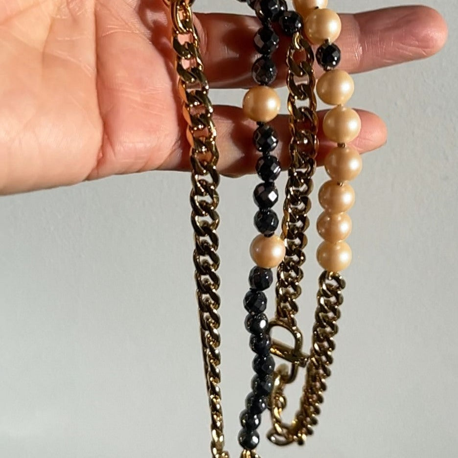 Marcus Champagne Pearls, Hematite and 18K plated Steel Cuban Chains