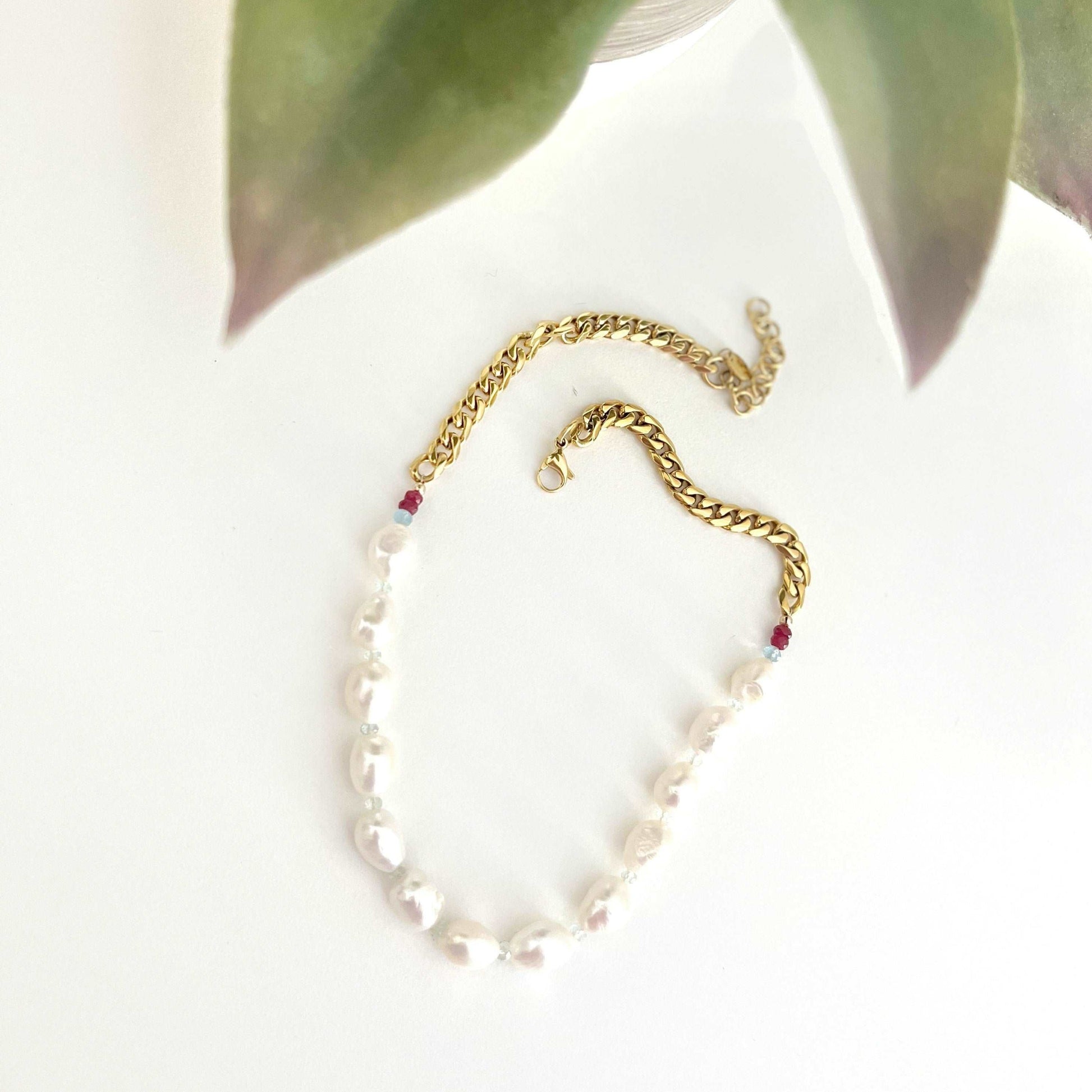 Ona Chan Jewelry Flora Pearl Necklace baroque freshwater pearls with aquamarine and garnet beads