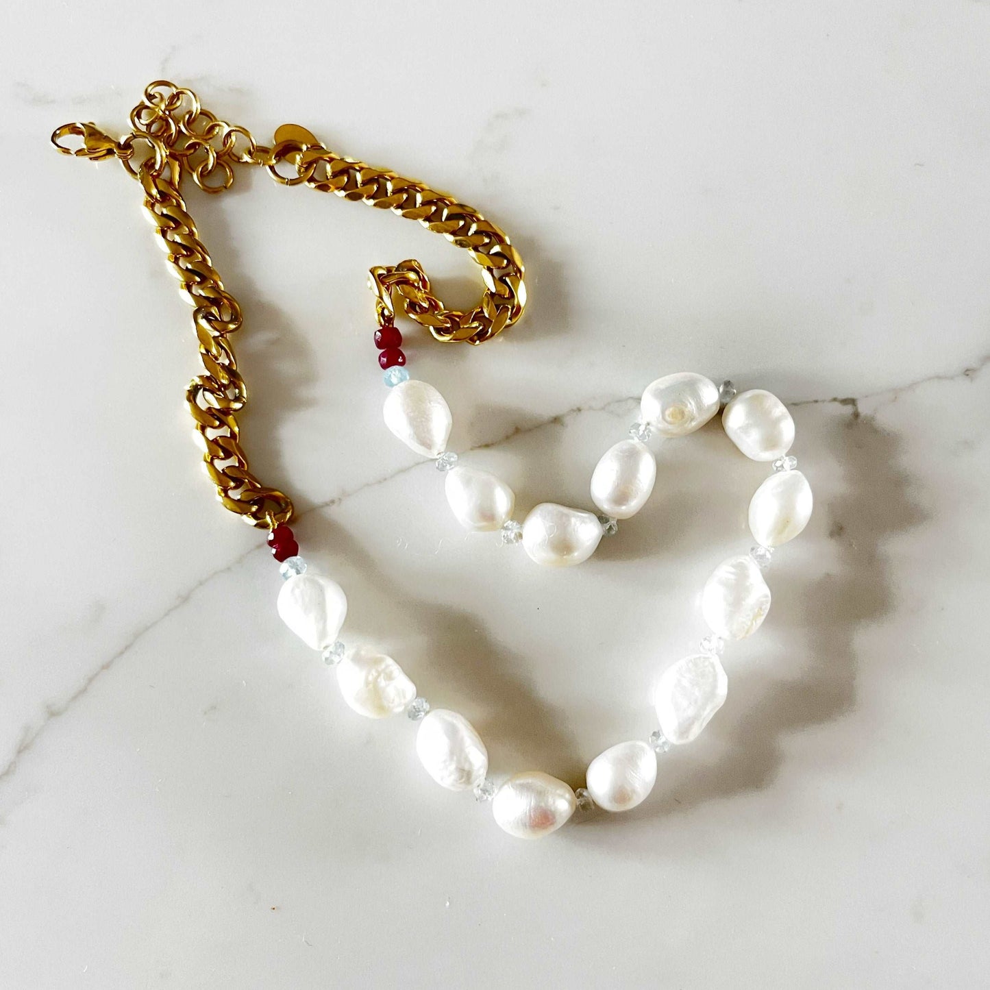 Ona Chan Jewelry Flora white baroque pearl necklace with aquamarine and garnet beads