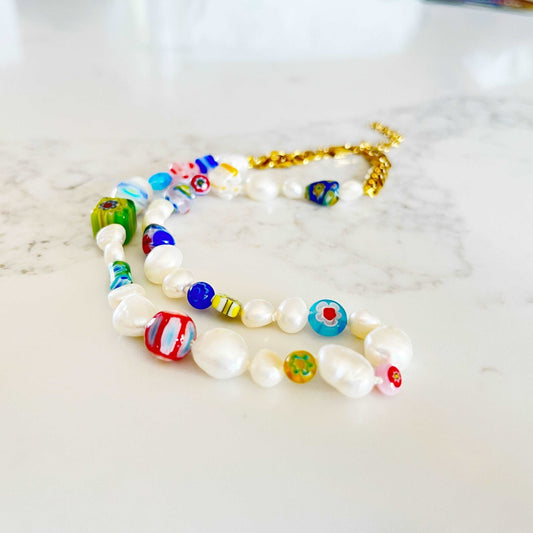 Candy Pearls - Baroque freshwater Pearls with murano millefiori beads