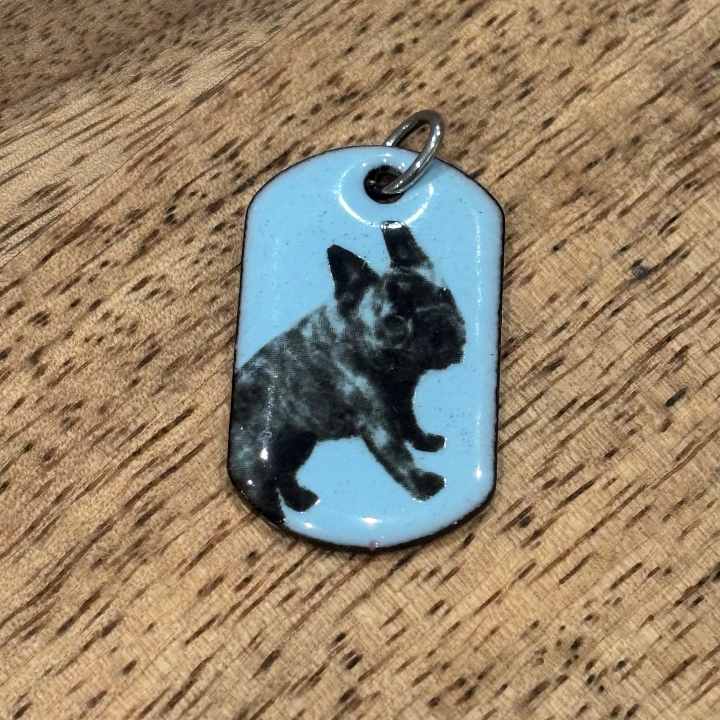 A pastel blue vitreous enamel pet tag | dog tag pendant featuring a black and white decal, resting on a textured wooden surface.