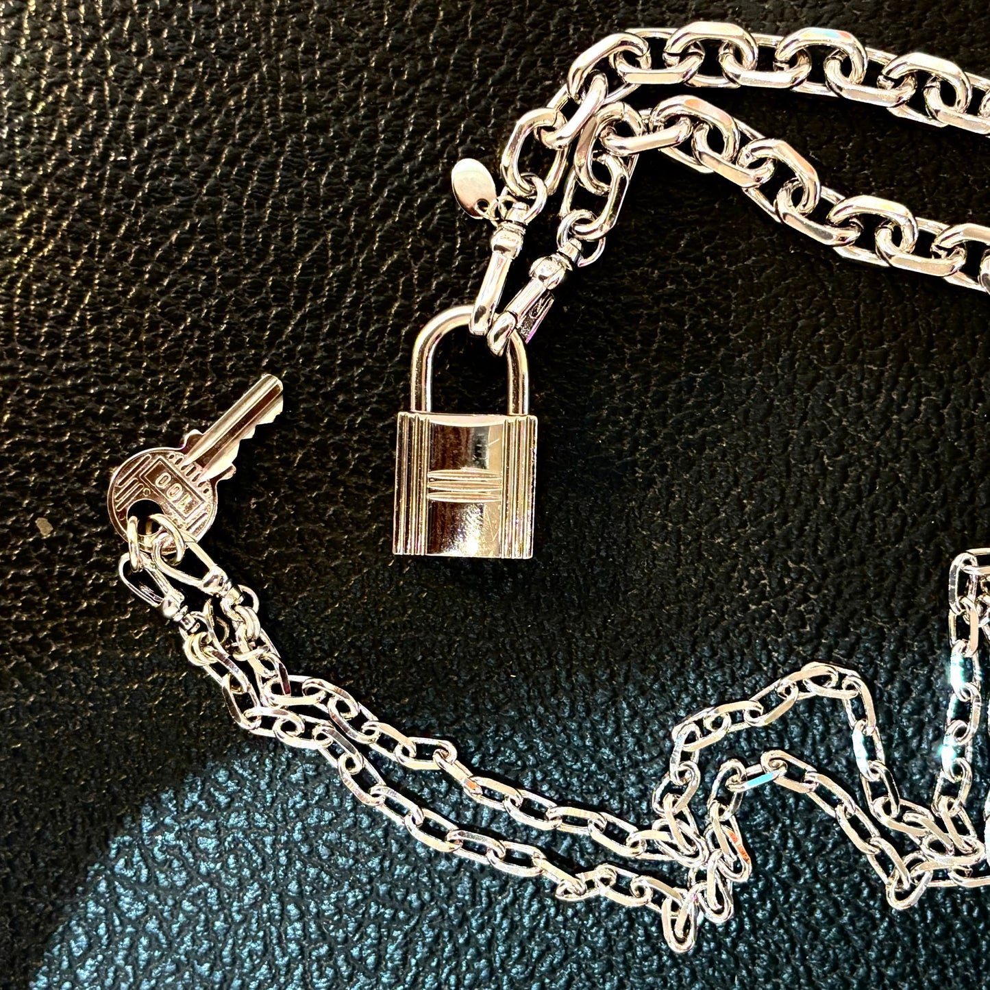 Vintage H Lock and Key with Riley Chains on black Ona Chan Jewelry 