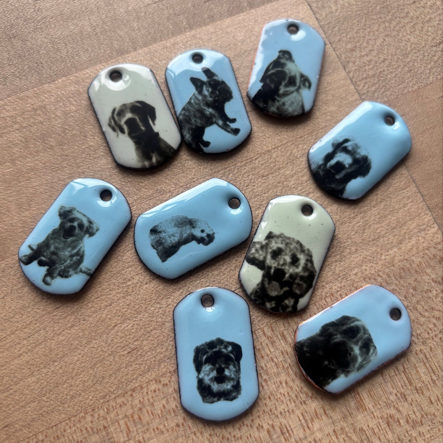A set of our Pet Tags | Dog tags in pastel blue and green vitreous enamel with pet decals  on a wooden surface.