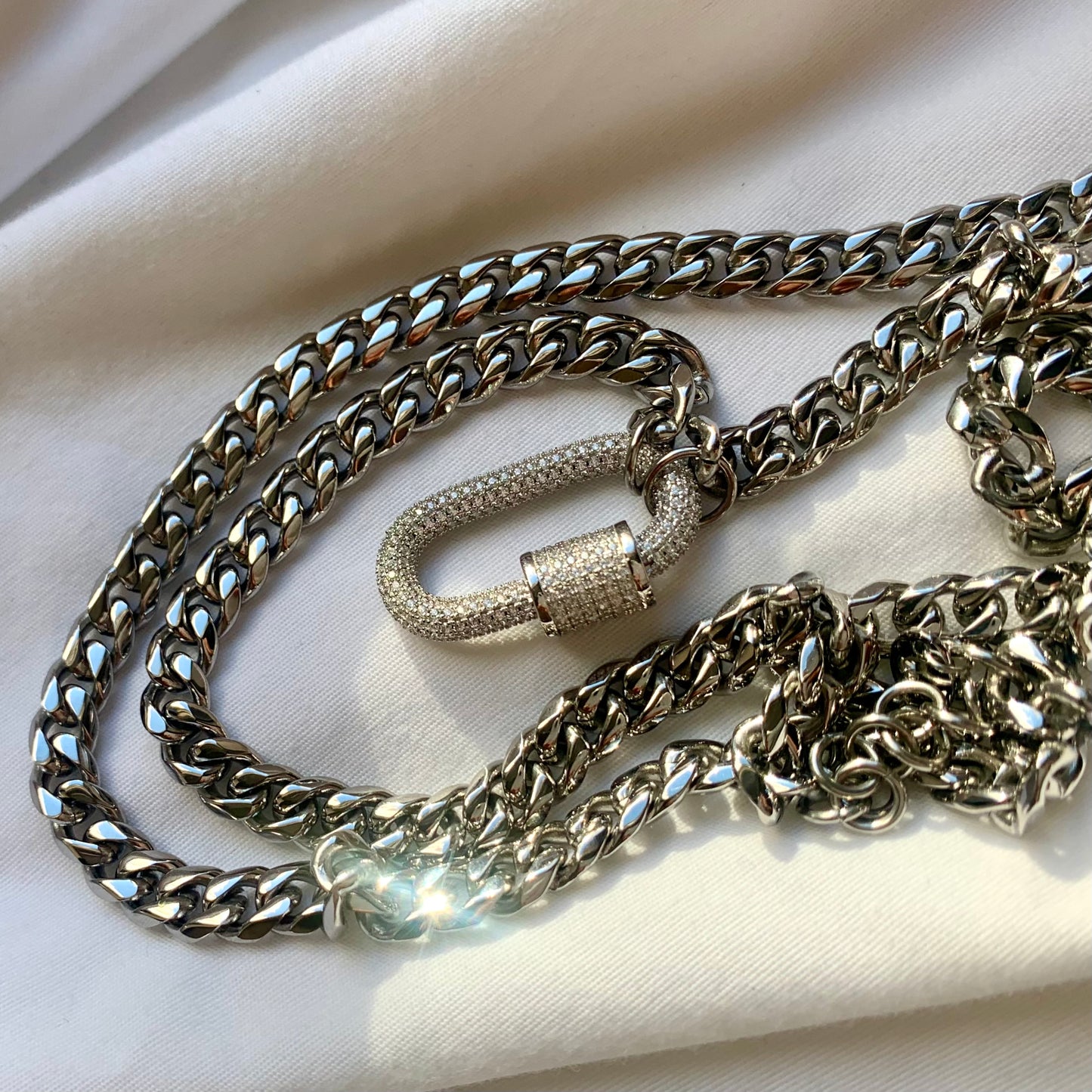Cuban Carabiner Sterling Silver with Pavee Necklace in Rhodium and High Polish
