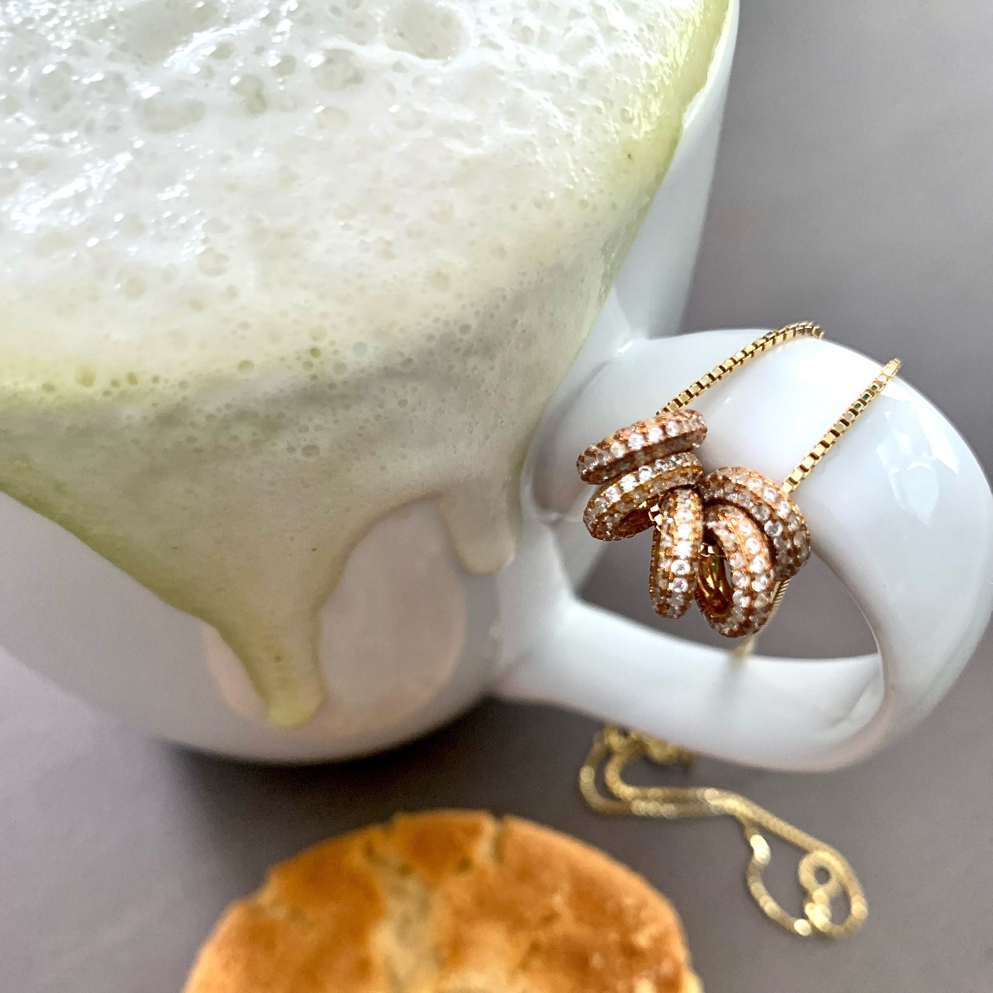 Matcha Latte with Cookie and Pavee Khai Necklace