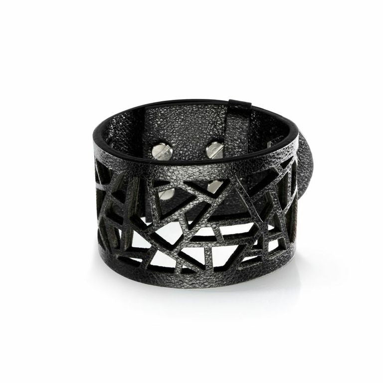 Lattice Leather Laser Cut Bracelet - Metallic Black