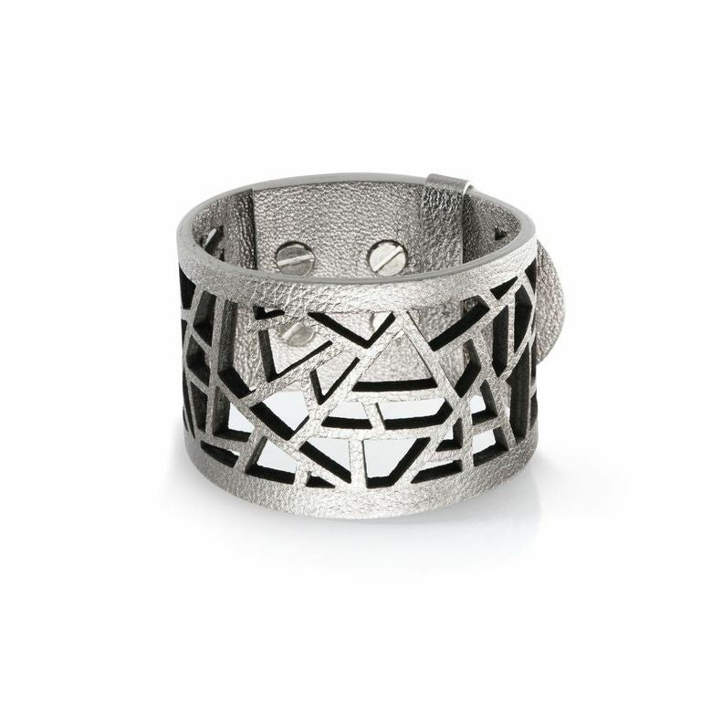 Lattice Leather Laser Cut Bracelet - Metallic Silver