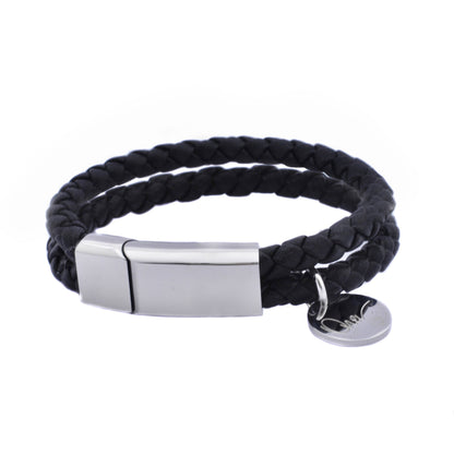 Bracelet - Unisex Leather Braided Bracelet With Steel Clasp And Charm