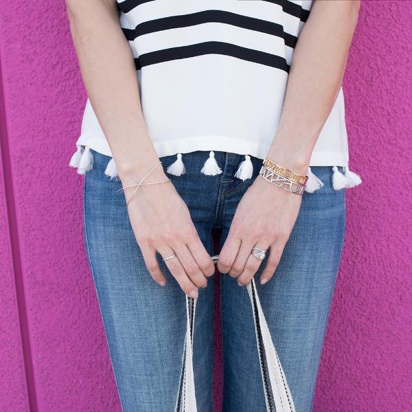 Thoughtful Misfit Tienlyn wearing strip summer shirt with jeans with Lattice Small Cuff - rhodium plate