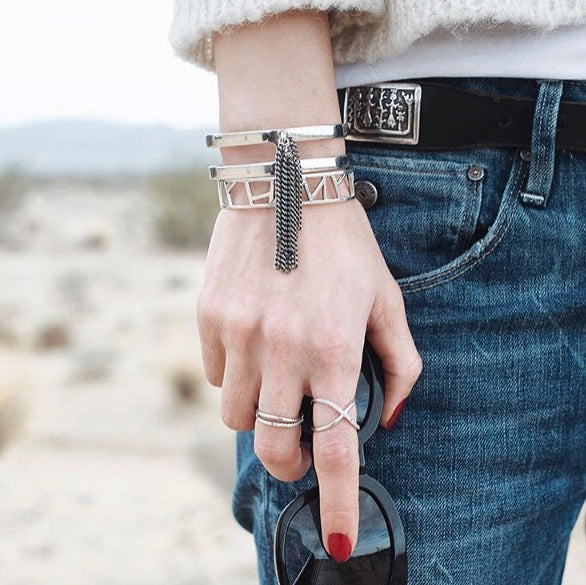 Thoughtful Misfit Tienlyn  in denim and sweater wearing Lattice Small Cuff - rhodium plate