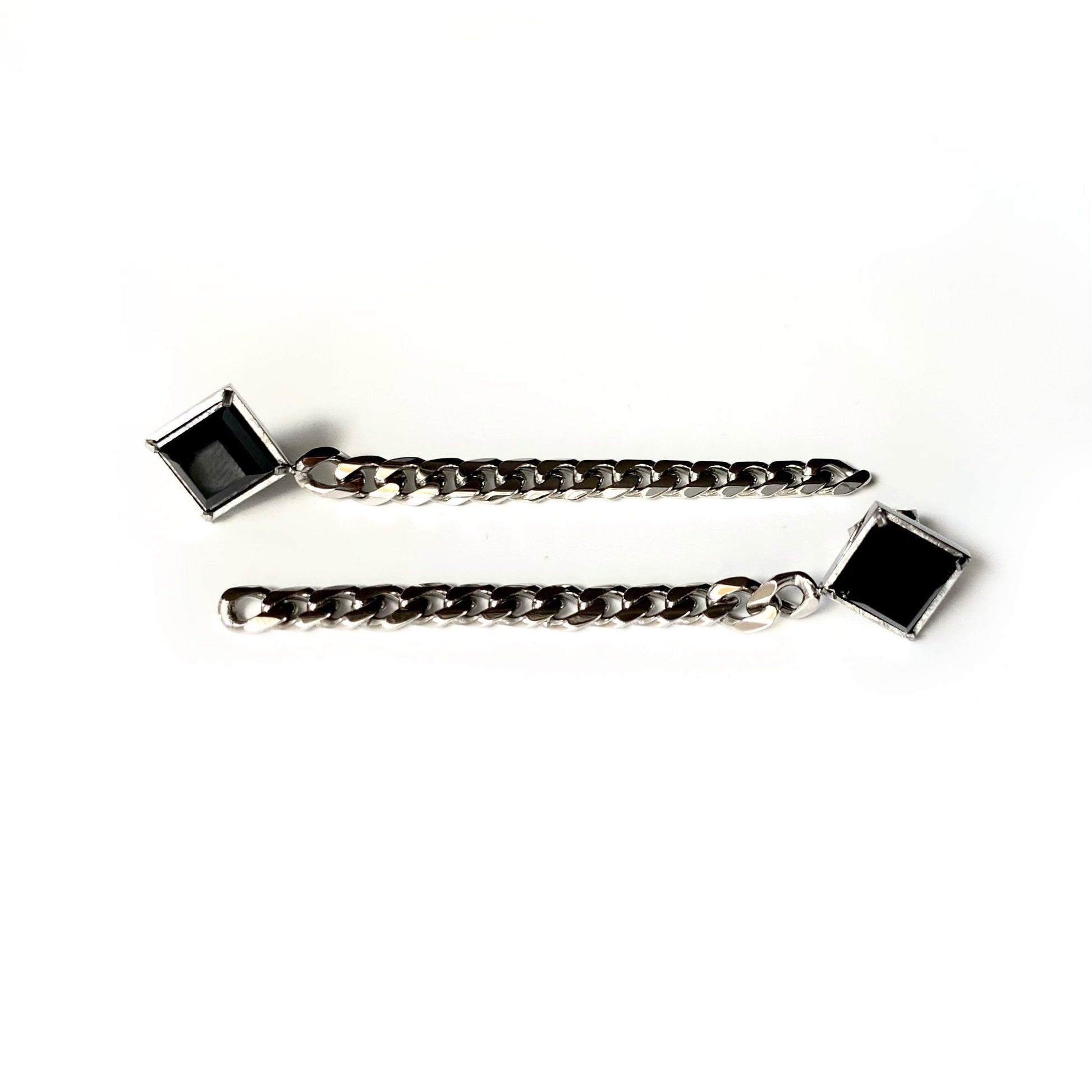 Earrings - Cuban Chain Earrings With Black Agate |  Cuban Chain Link Chain