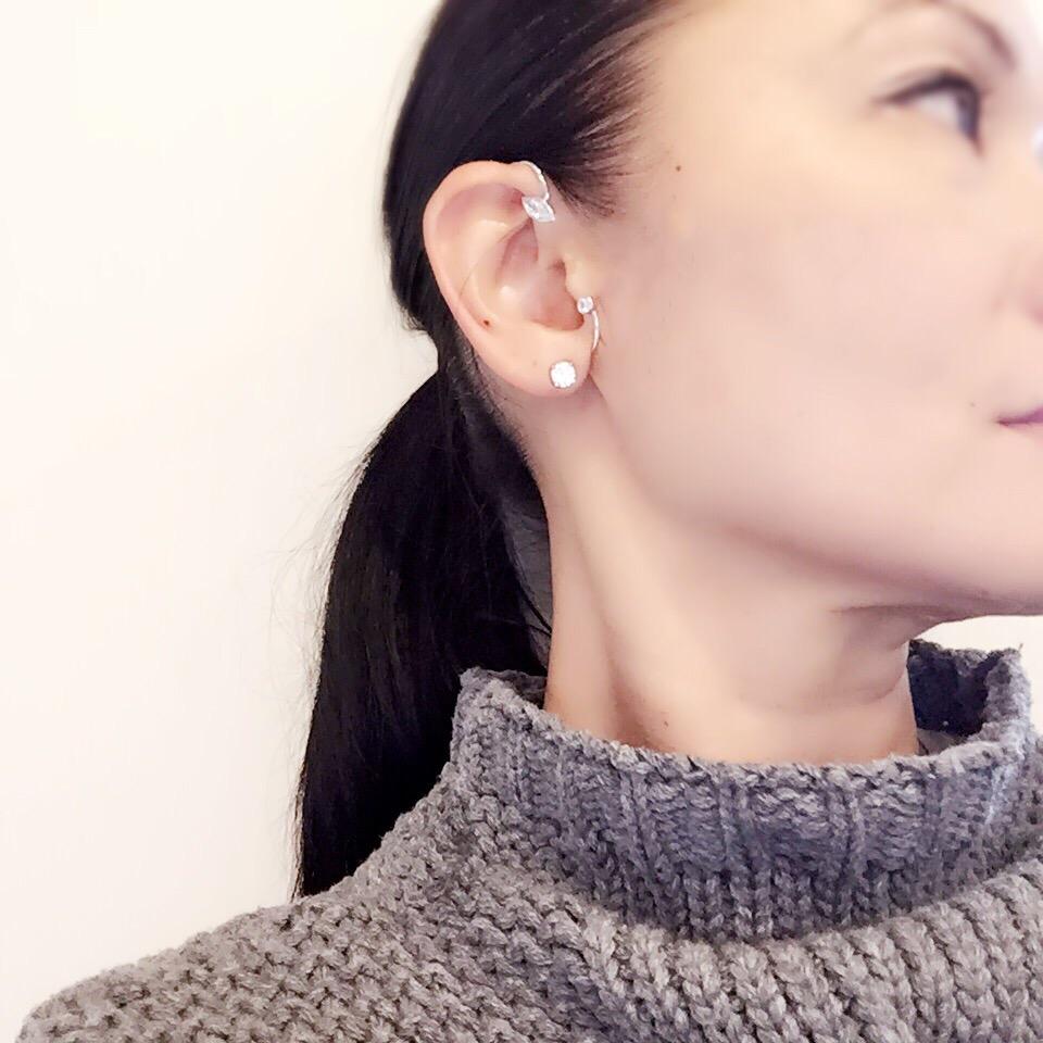woman in grey sweater wearing Little Jewels - Marquise And Solitaire Earcuff With Swarovski Crystals