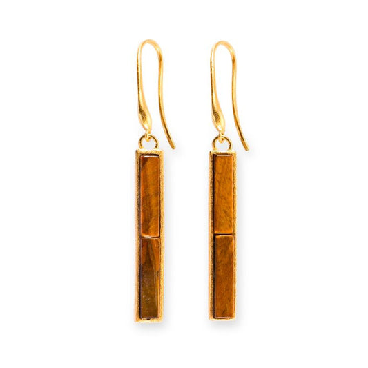 Mantra Long Rectagular Earring with Earth Stones - tiger's eye