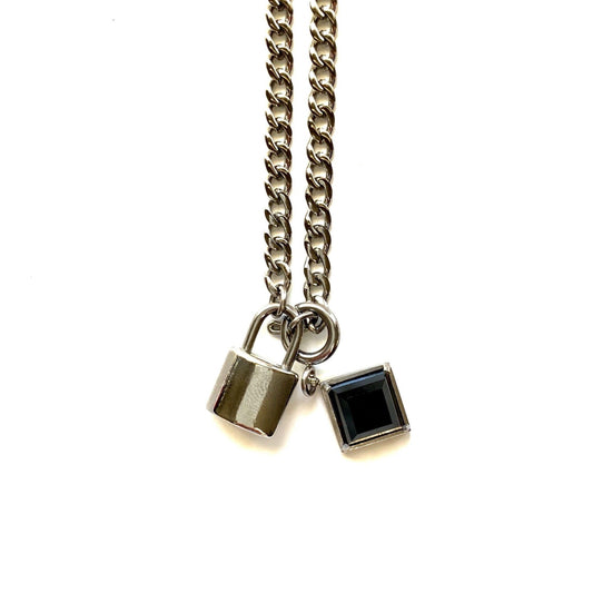 Necklace - Cuban Mini Lock With Black Agate |  Cuban Chain Link