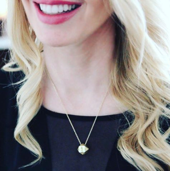 Blogger Kristi Currently Crushing wears the Mantra Cube Necklace Engraved - gold
