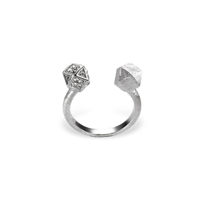 Mantra Open Cube Ring with Swarovski Crystals, Rhodium plate