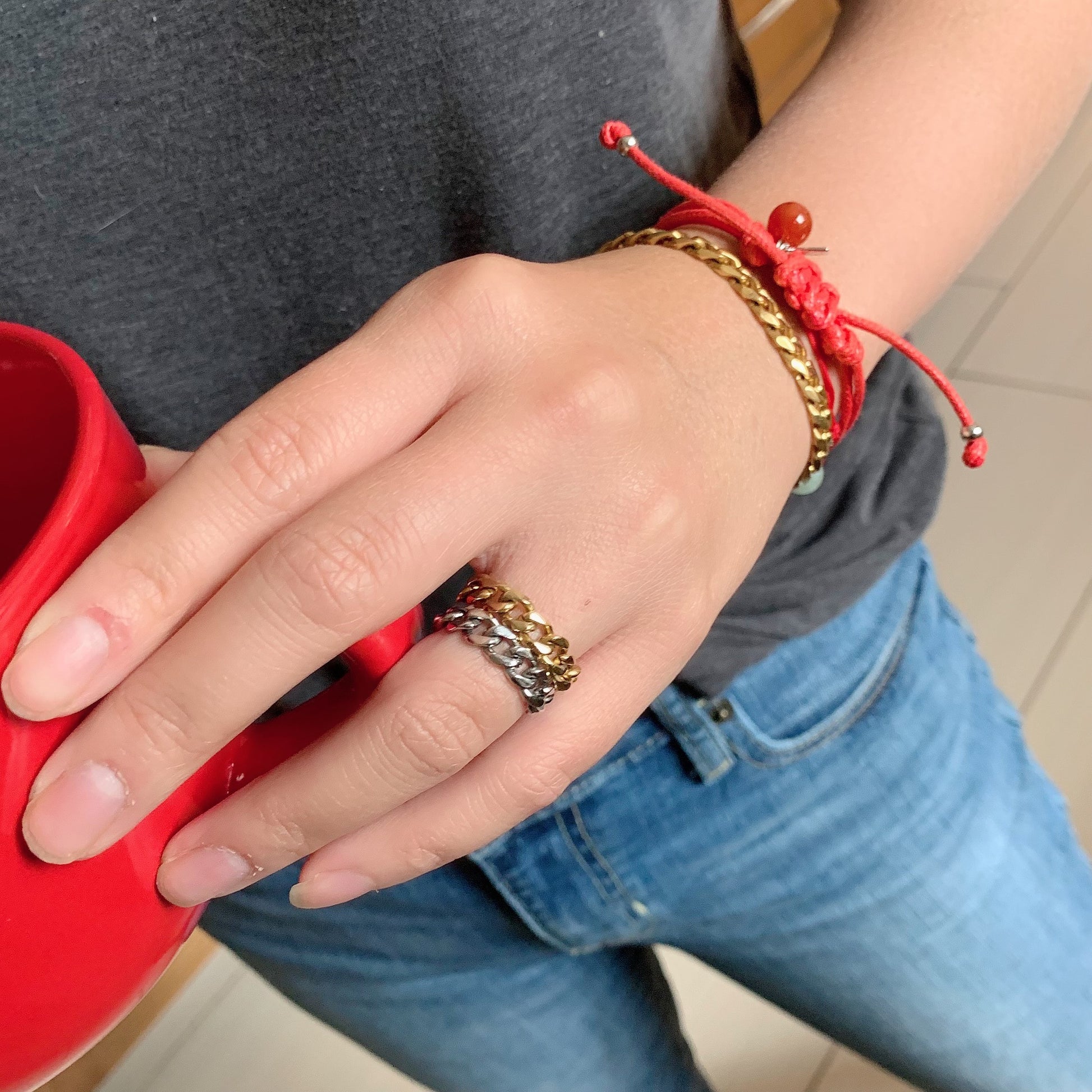 Ring - Cohen Ring | Cuban Chain Link gold and high polish staced with Cuban Chain Link Bracelet, Red String of Destiny with Red Carnelian